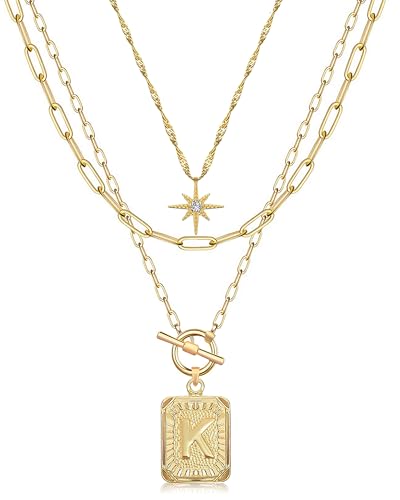 MJartoria Layered Initial Necklaces for Women | 14K Gold Plated Brass, Star Choker, Square Letter Pendant, Paperclip Chain - color: Gold, style: K