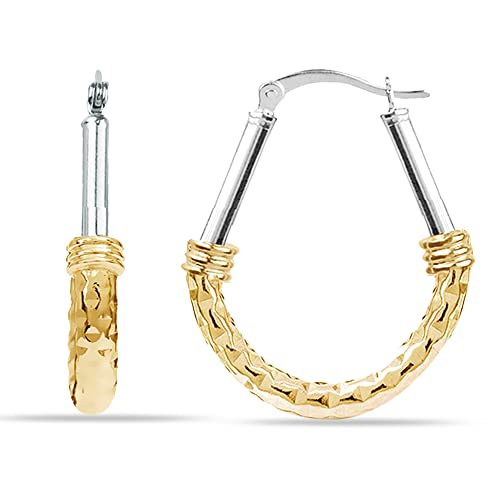 LeCalla 925 Sterling Silver Hoop Earrings for Women | Italian Design Classic Diamond-Cut Textured Hoops Earring | Women's Oval Drop Shape Silver Earring Jewelry - color: Medium Two-Tone Diamond-Cut