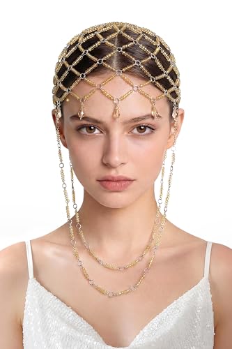 BABEYOND 1920s Vintage Crystal Beaded Headpiece, Decorative Hair Jewelry with Tassels & Crystals for Costumes(Gold) - color: Gold