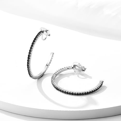 YOQUCOL 4.3CM(1.7in) Clip On Hoop Earrings Cubic Zirconia Non Pierced Ears Hoops for Women - color: Silver-Black