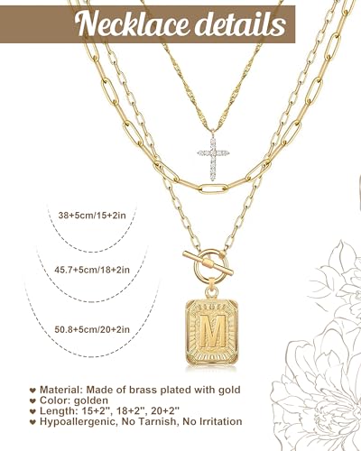 MJartoria Layered Initial Necklaces for Women Trendy, 14K Gold Plated Brass Simple Dainty Cross Choker Square Letter Pendant Necklace, Paperclip Chain Necklaces Jewelry - color: Gold, style: M