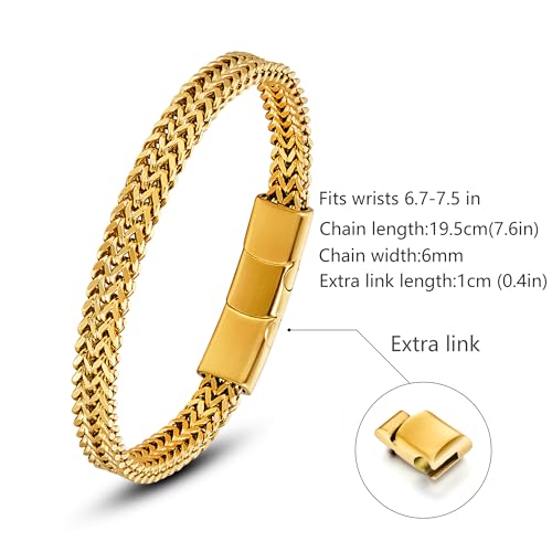 Mens Bracelet-Stainless Steel Magnetic Clasp Franco Chain Bracelets for Men - color: B-Gold