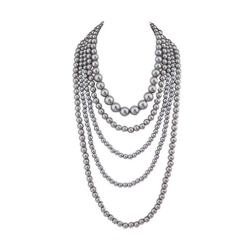 Multilayer Strand Chain Faux Pearls Flapper Beads Cluster Long Choker Necklace - color: Grey