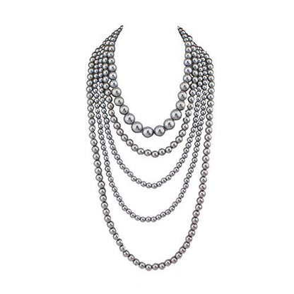 Multilayer Strand Chain Faux Pearls Flapper Beads Cluster Long Choker Necklace - color: Grey