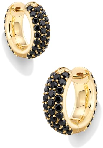 Gokeey Cubic Zirconia Hoop Earrings for Women, Sterling Silver Plated Small Huggie Hoops CZ Pave Chunky Thick Earrings Non Tarnish Hypoallergenic Lightweight Jewelry April Birthstone Gifts - color: Black Diamond-Gold