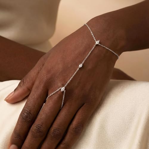 Bracelets for Women, Dainty Gold Silver Ring Bracelet Hand Chain | Cubic Zirconia Pearl Charms, 14K Gold Plated, Adjustable Fit, Trendy Stackable Link Chain, Waterproof Jewelry, Gift for Her - color: Silver-marquise hand chain