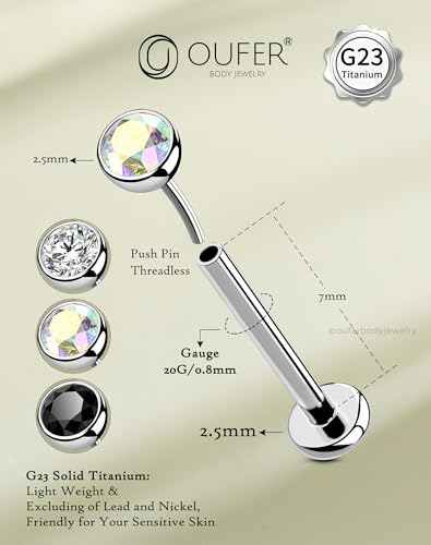 OUFER 2Pcs 20G/18G/16G G23 Titanium Threadless Nose Stud Earrings Flat Back Tiny CZ Small Nose Helix Cartilage Tragus Conch Labret Medusa Monroe Piercing Jewelry for Women Men - color: Silver Black, size: 2pcs, 20g 7mm, 2.5mm cz
