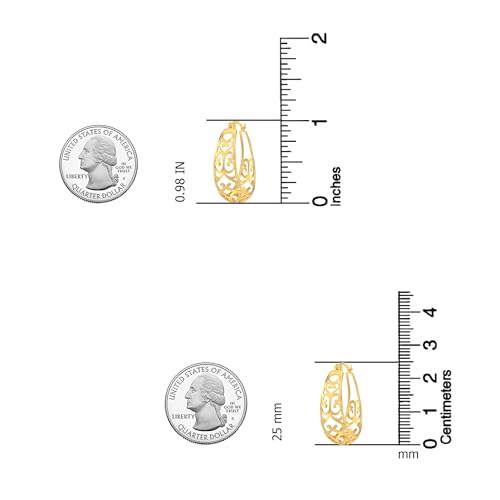 LeCalla 925 Sterling Silver Chunky Hoop Earrings | Filigree Heart Hoop Earrings for Women | Oval & Round Mesh Filigree Click-Top Hoops Earring | Hypoallergenic Earrings for Women - color: Yellow Gold Oval Filigree 24MM