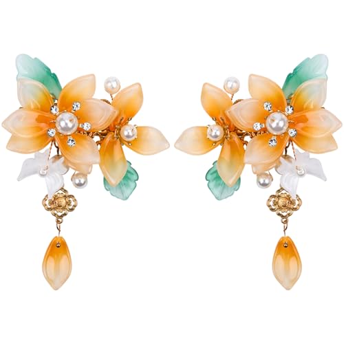 A Pair Wedding Hair Clips, Handmade Floral Design Alligator Crystal Hair Clips Pearl Barrettes, Rhinestones Flower Clips Pearl Headpieces Hair Pins Hair Accessories for Women Girls (Yellow&Green) - color: Yellow&Green