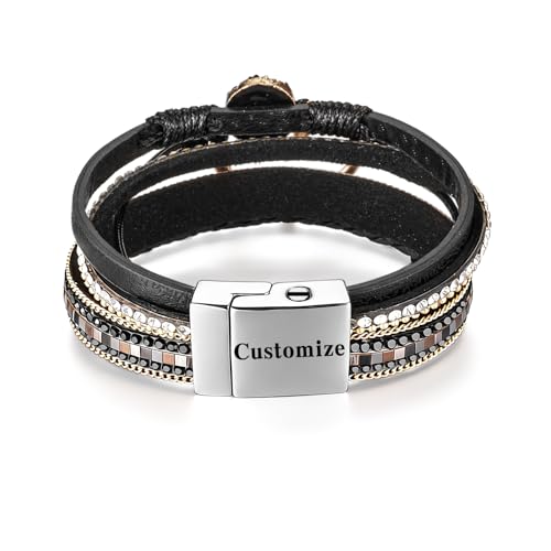 abooxiu Urn Bracelet for Ashes Cremation Jewelry for Ashes Heart Cremation Ash Bracelets Memorial Ash Keepsake Urn Jewelry for Women, Stainless Steel Leather Wrap Stackable Boho Cuff Bangles - style: Engraved