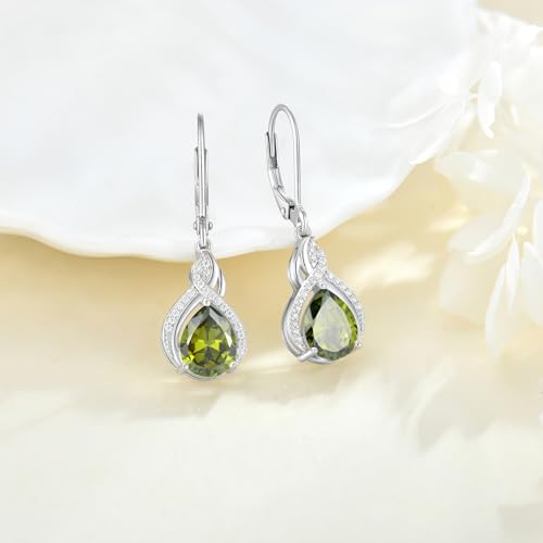 925 Sterling Silver Infinity Teardrop Earrings for Women | Lwsary Dangle Drop Leverback Earrings, Pear Shaped Birthstone Jewelry for Her - color: Olive Green