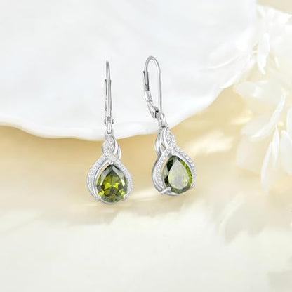 925 Sterling Silver Infinity Teardrop Earrings for Women | Lwsary Dangle Drop Leverback Earrings, Pear Shaped Birthstone Jewelry for Her - color: Olive Green