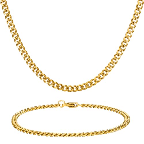 NORBU Stainless Steel Cuban Link Chain and Bracelet Set for Men, Chains 3.5mm/5mm/7mm Width, Bracelet 7 1/2" and 8" Length, No Tarnish & Durable Mens Jewelry - size: 20"Chain & 7.5"Bracelet, style: Cuban Set - 3.5mm