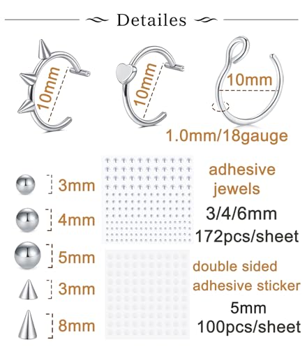 Longita Fake Lip Ring and Nose Piercing Set - Ball Spike, Hoop, Stud, Stick-on Bridge and Eyebrow Ring - Silver, Gold, Black - color: 1-silver