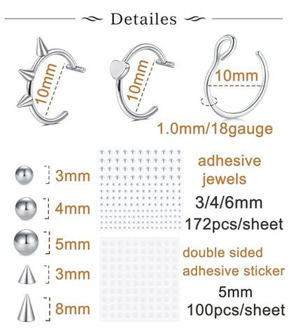 Longita Fake Lip Ring and Nose Piercing Set - Ball Spike, Hoop, Stud, Stick-on Bridge and Eyebrow Ring - Silver, Gold, Black - color: 1-silver
