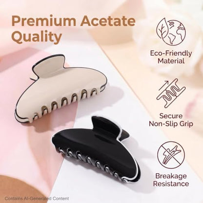 2 Pack Acetate Hair Claw Clips for Women 4 Inch Large Claw Hair Clips for Thin to Thick Hair - color: White-Black Contrast Colors
