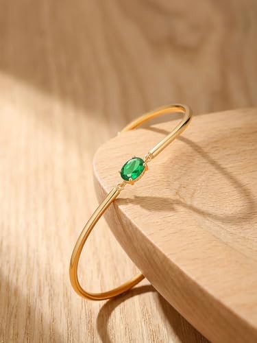 Moissanite/Sapphire/Ruby/Emerald Cuff Bracelet 1 Carat Oval Cut Center Stone Inlaid 925 Sterling Silver 14K Gold Plated Adjustable Birthstone Bangle for Women fit Wrist 5-7.5 Inch - color: Emerald Gold