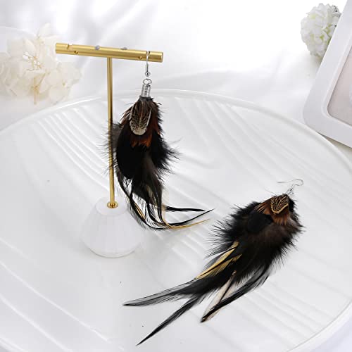 Bohemian Pheasant Peacock Long Feathers Statement Earrings Handmade Natural Lightweight Feather Dangle Earrings for Women (ea000071) - color: Black