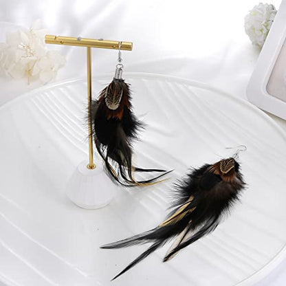 Bohemian Pheasant Peacock Long Feathers Statement Earrings Handmade Natural Lightweight Feather Dangle Earrings for Women (ea000071) - color: Black