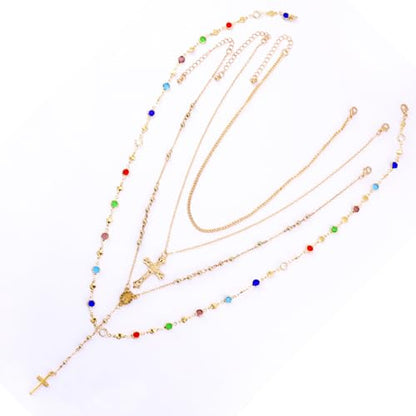 Gold Cross Layered Necklaces for Women,Colorful Crystal Drop Necklace,Gold Cross Pendant Necklace Stack,Fashion Long Tassel Chest Chain Jewelry Layered Rhinestone Neck Chain Accessories - color: Gold-1