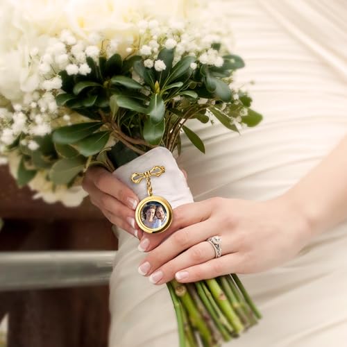 Personalized Photo Wedding Bouquet Charm, Double Sided Round Glass Photo Locket Pendant Pin Brooch, Handmade Memorial Picture Frame Bridal Shower Gift For Bride & Groom - color: Round Large - Gold