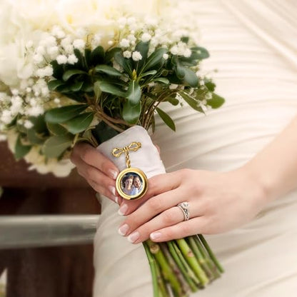 Personalized Photo Wedding Bouquet Charm, Double Sided Round Glass Photo Locket Pendant Pin Brooch, Handmade Memorial Picture Frame Bridal Shower Gift For Bride & Groom - color: Round Large - Gold