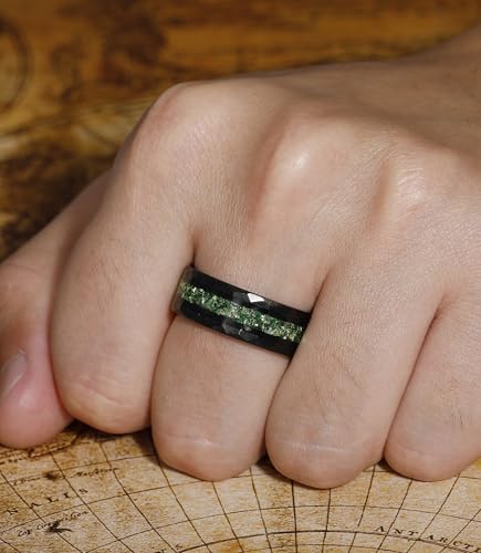 8mm Black Tungsten Mens Wedding Band with Moss Agate/Emerald/Citrine | Amethyst/Aquamarine, Gothic, Birthstone, Hammered, Engagement Promise Ring, Anniversary Valentine Day Birthday Gift for Him - style: Emerald