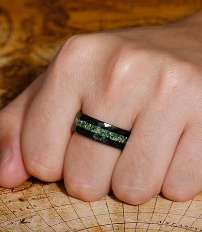 8mm Black Tungsten Mens Wedding Band with Moss Agate/Emerald/Citrine | Amethyst/Aquamarine, Gothic, Birthstone, Hammered, Engagement Promise Ring, Anniversary Valentine Day Birthday Gift for Him - style: Emerald