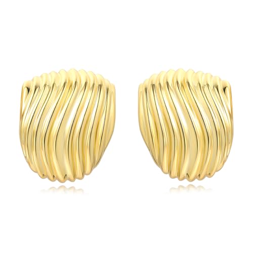 Gold Chunky Statement Earrings for Women, Trendy 14K Gold Plated Square Geometric Vintage Drop Dangle Designer Stud Earrings, Jewelry Gift - style: striped-gold