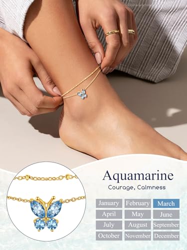 Suplight Gold Plated Butterfly Anklets for Women Waterproof, Layered Boho Ankle Bracelet with Birthstone, Stainless Steel Adjustable Non-Tarnish Heart Foot Jewelry Beach Vacation - color: 03. Butterfly-Mar. Aquamarine