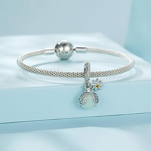 BISAER 925 Sterling Silver Charms for Bracelets Cat Dog Sloth Animal Beads Butterfly Fairy Heart Dangle Pendant Charms - color: Luminous Glowworm