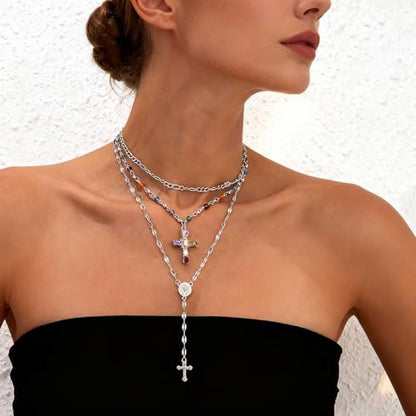 Silvery Layered Necklace for Women, Y Necklace with Cross Pendant, Dainty Stackable Jewelry Gift for Everyday Wear - style: 3PCS - Paper Clip Chain&Colorful Cross&Cross Y Chain