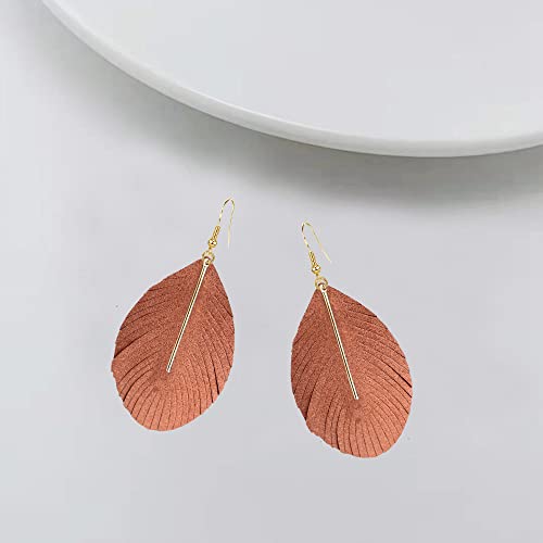 YUNXI Large Genuine Soft Leather Handmade Fringe Feather Lightweight Leaf with Simple Drop Metal Bar Tear Drop Dangle Color Earrings for Women - color: Brown