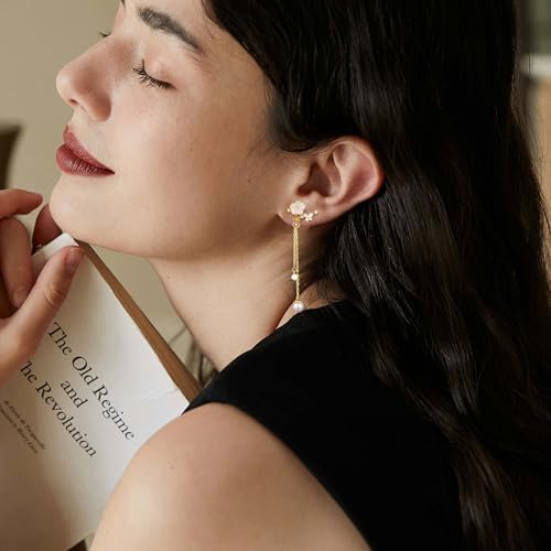 Awinesn Clip on Earrings Dangle Pearl Drop Clip Earrings for Women Trendy Dangle Chain Dainty Flower Wedding Earrings for Brides 14K Gold Plated Statement Non Pierced Earrings for Women Sparkly Jewelry - style: fugu-flower-g