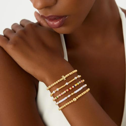 Turandoss 5PCS 14K Gold Plated Beaded Stretch Bracelets Set for Women | Stacked Bow Cross Wave Knot Pearl Beads Bracelet Set, Waterproof 7 Inch Stretch Elastic, Summer Jewelry Gifts for Women Girls - color: 5PCS Gold Cross Beaded Bracelets