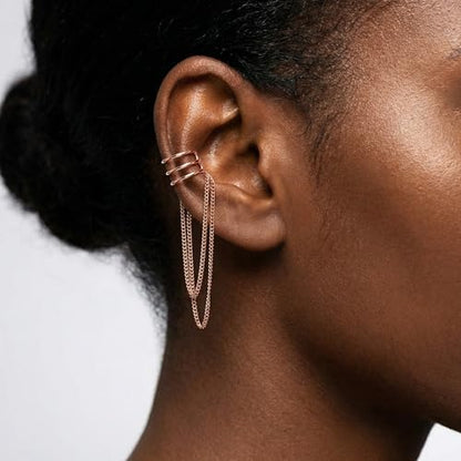 SLUYNZ 925 Sterling Silver No Piercing Cuff Earrings Chain for Women Wrap Earrings Tassel Clip On Ear - color: Rose Gold Plated