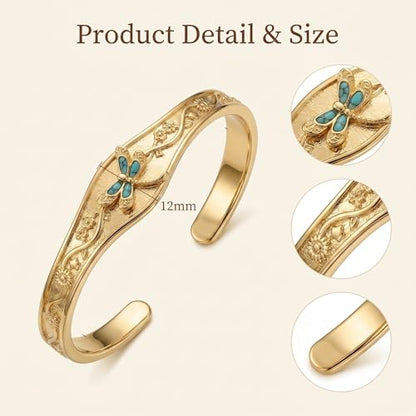 Dragonfly Cuff Bracelet 14K Gold Plated Dragonflies Bangle Bracelet Dragonfly Jewelry Gifts for Women