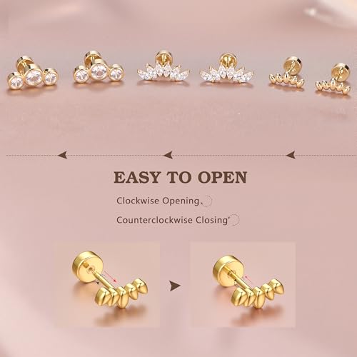 14K Gold Plated 925 Sterling Silver Flat Back Earrings Set | Hypoallergenic Cartilage Helix Conch Tragus Piercing Jewelry 3 Pairs Small Screw Dainty CZ Opal Earring Set Men Women - color: Gold, Style E