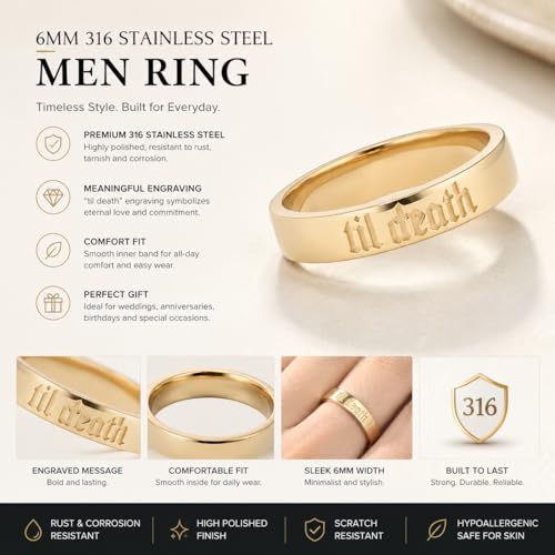 Men's Wedding Rings Mountain Range Pattern Engraved Silver Flat Band 8mm 316 Stainless Steel Men Ring Comfort Fit - color: Rose Gold