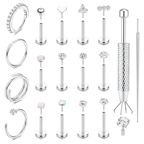 ORAZIO 14K Gold Filled Nose Rings Studs Hoops for Women Men 20G 18G Hypoallergenic Surgical Steel Push in Threadless Flat Back Earrings CZ Helix Tragus Lip Cartilage Medusa Nostril Piercing Jewelry - color: Steel Tone, size: 18g=1.0mm