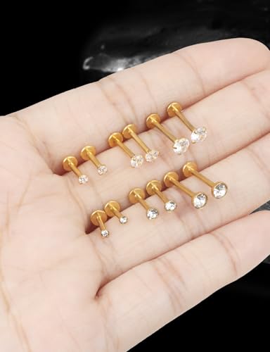 16G Internal Thread Flat Back Earrings Nose Studs 316L Surgical Steel Medusa Labret Monroe Lip Ring Tragus Forward Helix Conch Cartilage Lobe Earrings Stud Piercing Jewelry For Women Men - color: Gold-Clear CZ