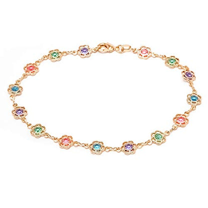Barzel 18K Gold Plated Gold and Multi Color Crystal Baguette Anklet - color: Flower Multicolor
