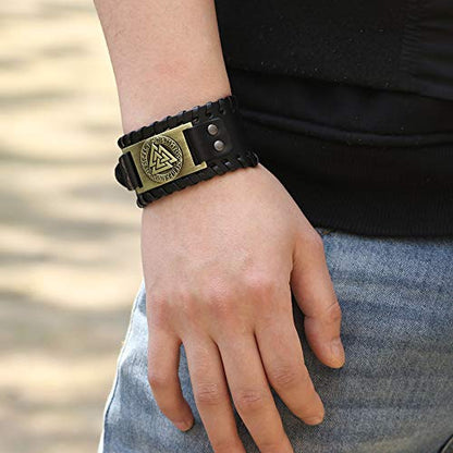 GelConnie Viking Bracelet Punk Leather Cuff Bracelet Gothic Leather Wristband Bracelet with Nordic Amulet Scandinavian Talisman Celtic Pagan Jewelry - color: Black Valknut