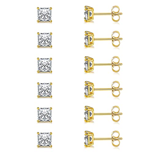 Stud Earring Set for Women Men 18K Yellow/White Gold Plated Princess Cut 4 Prong Graduated Square Clear Cubic Zirconia Pakc of 6 Pairs 3-7mm - color: Yellow gold-4mm-6 pairs