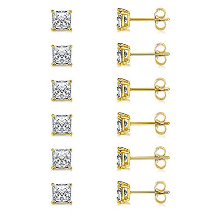 Stud Earring Set for Women Men 18K Yellow/White Gold Plated Princess Cut 4 Prong Graduated Square Clear Cubic Zirconia Pakc of 6 Pairs 3-7mm - color: Yellow gold-4mm-6 pairs