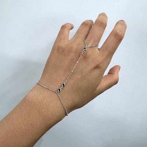 Kakikaki 925 Sterling Silver Finger Ring Bracelet Hand Chain for Women | Slave Bracelets 7" to 9" Adjustable - color: Silver, style: 3 Emerald