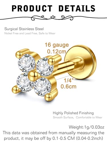 20g 16g Tragus Piercing Jewelry Helix Earrings Threadless Flat Back Earrings for Women Forward Helix Cartilage Earring Tragus Jewelry Medusa Labret Lip Piercing Jewelry Lip Studs 16 Gauge 8mm - color: B5 - threadless 16g 6mm - gold