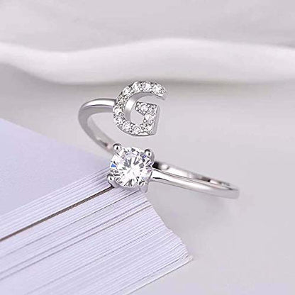 FUTIMELY Initial Letter Ring Alphabet Ring A-Z Silver Crystal Open Adjustable Personalized Initial Ring for Women - style: G