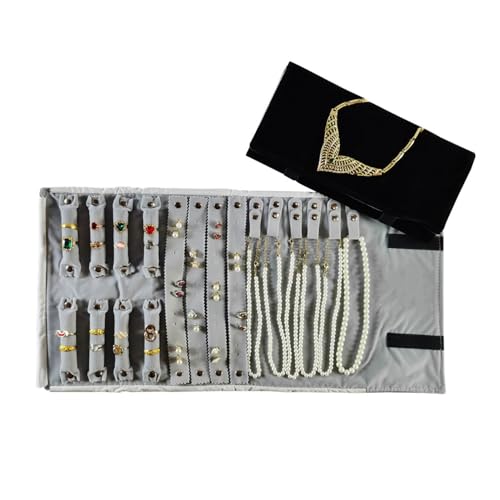 Velvet Travel Jewelry Case Roll Bag Organizer for Necklace Bracelet Earrings Ring (Black) (Black and Grey) - color: Black and Grey