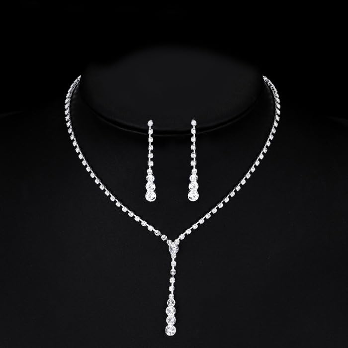 Wedding Jewelry Sets for Brides Rhinestone Necklace and Earring Set Bracelet Ring Gold Silver Prom Jewelry Sets Diamond Flower Teardrop Necklace for Women - color: Style2-Silver-3pcs